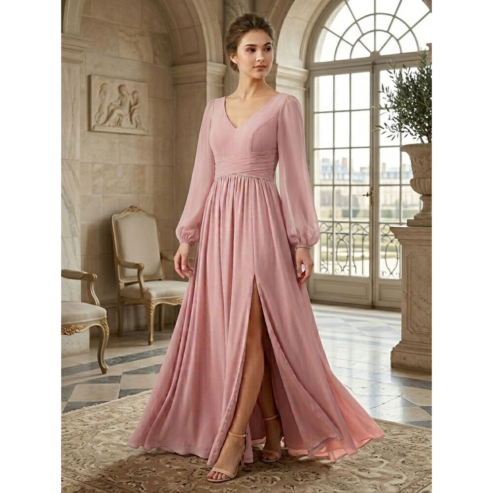 Womens Blush Pink Chiffon Sheer Long Sleeve Maxi Dress Pleated Prom Size 4